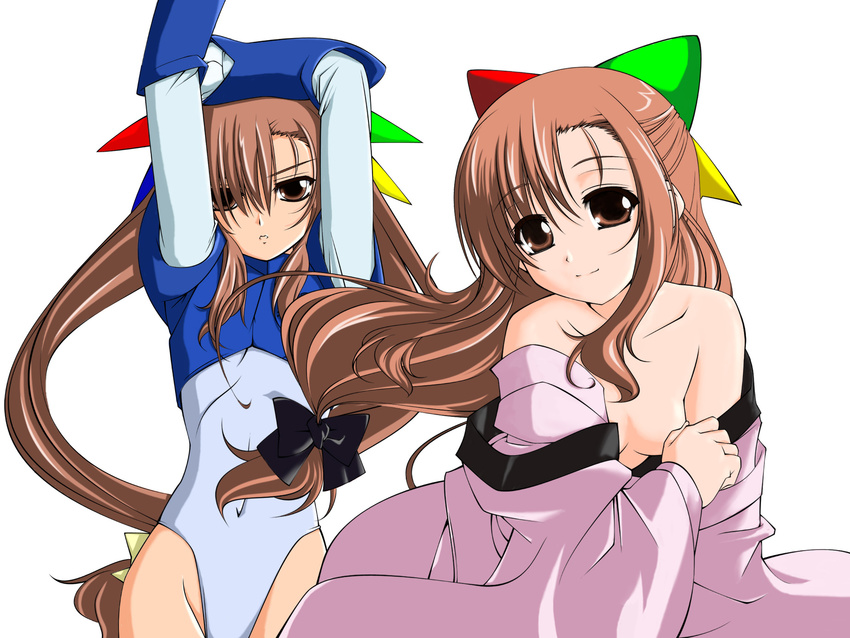 95-tan armor arms_up artist_request bangs bare_shoulders bow breastplate breasts brown_eyes brown_hair covered_navel dual_persona floating_hair gloves groin hair_bow half_updo highleg highleg_leotard highres japanese_clothes kimono leaning_forward leotard long_hair long_sleeves looking_at_viewer low-tied_long_hair multiple_girls no_bra off_shoulder open_clothes open_kimono os-tan sidelocks simple_background small_breasts vambraces very_long_hair white_background wide_sleeves