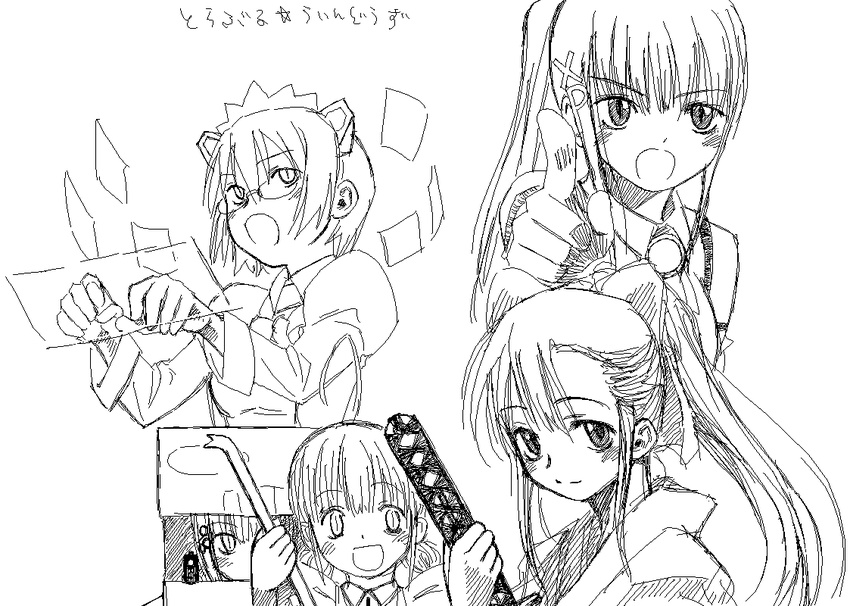 5girls 95-tan 98-tan ahoge artist_request crowbar flying_paper glasses greyscale keyboard_(computer) me-tan monochrome multiple_girls os-tan paper pointing ponytail sword weapon xp-tan
