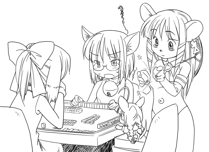 4girls animal_ears artist_request glasses greyscale inu-t mahjong mahjong_tile me-tan monochrome multiple_girls os-tan playing_games xp-tan