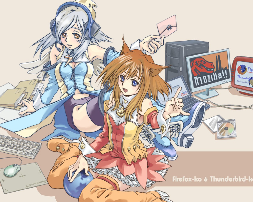 animal_ears bare_shoulders blue_eyes boots breasts brown_hair cleavage cleavage_cutout computer detached_sleeves dress earth firefox folder fox_ears fox_girl fox_shadow_puppet frills globe headset high_heels keyboard_(computer) laptop medium_breasts monitor mouse_(computer) multiple_girls orange_footwear os-tan personification shoes silver_hair sitting skirt small_breasts temp_h thigh_boots thighhighs thunderbird wallpaper wings zipper