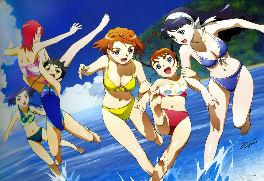 :d :o age_difference ahoge arika_yumemiya arm_holding armpits arms_up back bandeau bangs barefoot beach bikini black_hair black_swimsuit blue_bikini blue_eyes blue_hair blue_swimsuit blush bow braid breasts brown_hair carrying cleavage cloud competition_swimsuit day dragon_print dutch_angle earrings feet flat_chest floating_hair foreshortening front-tie_bikini front-tie_top green_eyes hair_ornament hairband hairclip happy highres hisayuki_hirokazu jewelry juliet_nao_zhang jumping leaning_forward legs_apart lena_sayers long_hair looking_at_another looking_at_viewer minagi_mikoto multiple_girls my-hime my-otome navel necklace nina_wang ocean official_art one-piece_swimsuit open_mouth orange_hair outdoors outstretched_arms pink_bikini print_bikini purple_eyes red_bikini red_eyes red_hair scan short_hair side_braid sky small_breasts smile soles spiked_hair splashing spread_arms star star_print strapless stud_earrings surprised swimsuit tankini tokiha_mai tree tubetop twin_braids water wavy_hair yellow_bikini yellow_eyes