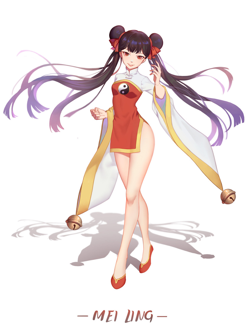 1girl bell black_hair card_captor_sakura character_name china_dress chinese_clothes double_bun dress duximeng floating_hair full_body hair_ribbon highres jingle_bell li_meiling long_hair long_sleeves looking_at_viewer mei_ling parted_lips red_eyes red_footwear red_ribbon ribbon shadow short_dress simple_background smile solo twintails very_long_hair white_background wide_sleeves