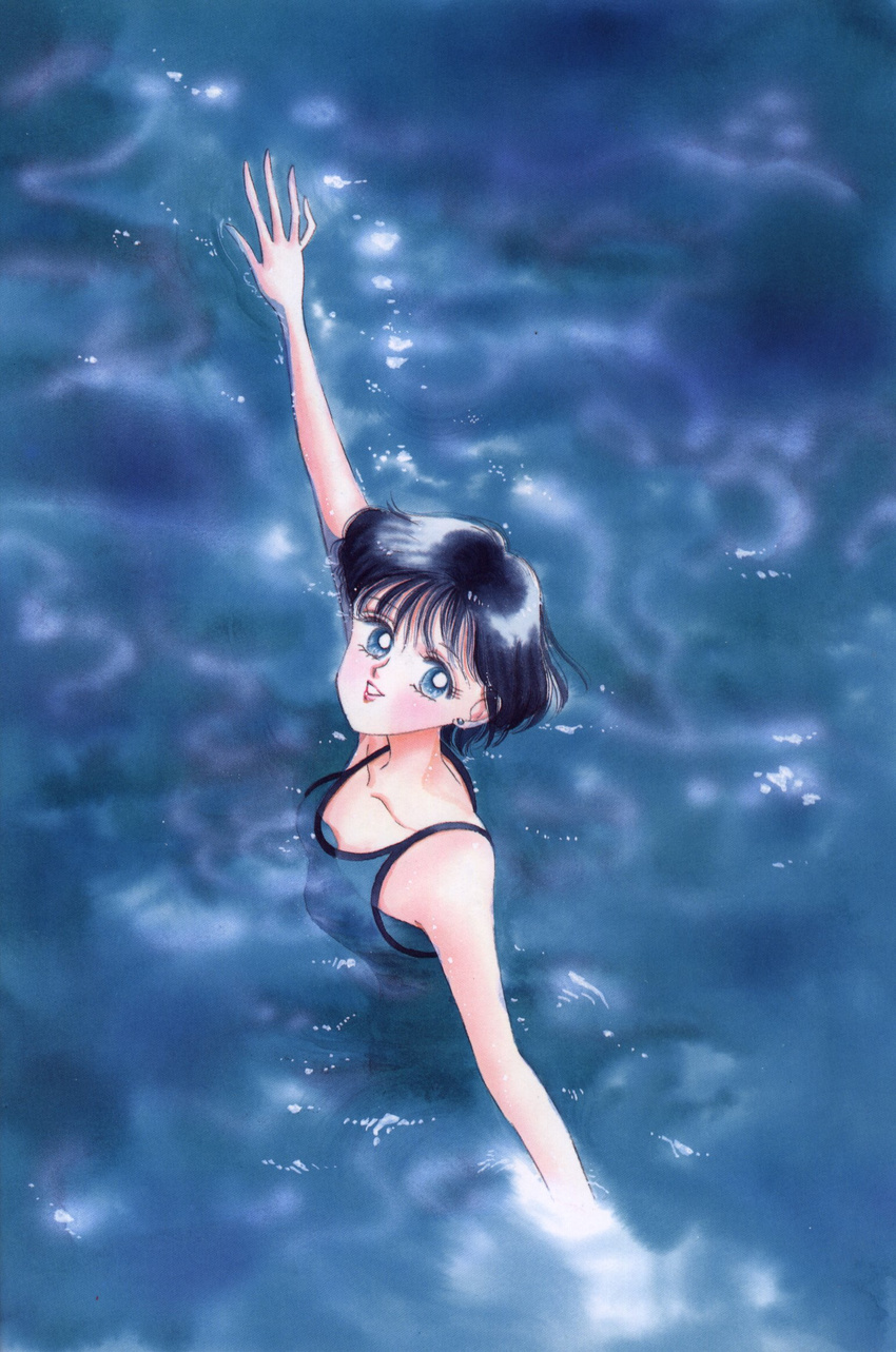 90s bishoujo_senshi_sailor_moon blue blue_eyes blue_hair blue_swimsuit commentary highres mizuno_ami official_art one-piece_swimsuit scan short_hair solo swimsuit takeuchi_naoko water