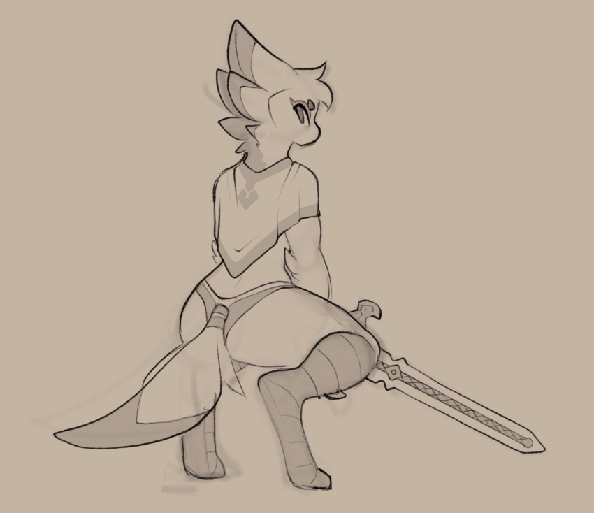 2019 anthro avian clothed clothing conditional_dnp crouching eyebrows feather_hair feathers female fully_clothed grey_background hair holding_object holding_weapon laefa_padlo looking_at_viewer looking_back melee_weapon qualzar scorchen short_hair simple_background solo sword tail_feathers weapon wide_hips