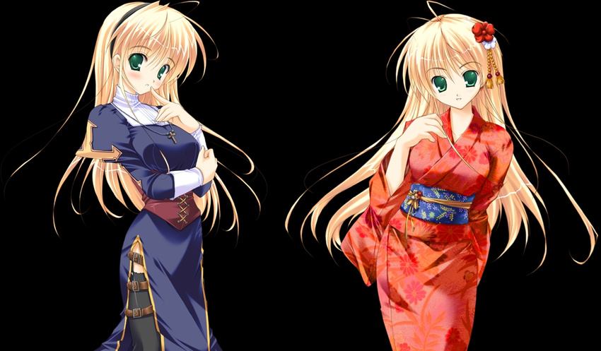 blonde_hair game_cg green_eyes japanese_clothes jewelry kimono long_hair long_sleeves mikeou miraroma necklace nun seihouin_erika simple_background thighhighs