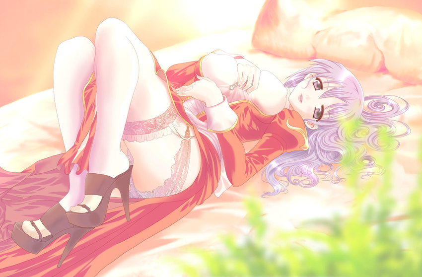 artist_request bed breasts covered_nipples frilled_legwear frills garter_belt high_heels high_priest lace lace-trimmed_panties long_hair lying medium_breasts panties pillow pink_eyes pink_hair ragnarok_online shoes solo thighhighs underwear white_legwear white_panties