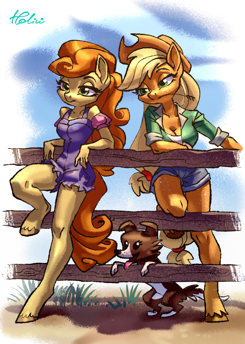 2019 anthro anthrofied applejack_(mlp) breasts canid canine canis carrot_top_(mlp) cleavage clothed clothing domestic_dog duo equine fence freckles friendship_is_magic holivi horse leaning mammal my_little_pony overalls pony pose shorts wheat winona_(mlp)