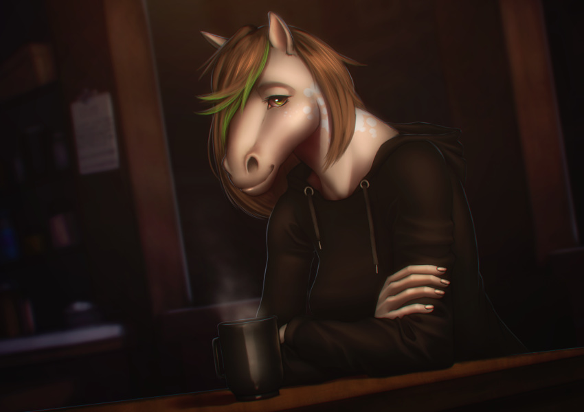 beverage clothing coffee crossed_arms cup4eney equine green_eyes hair_dye heather_(nocturnalfuzz) hoodie mammal