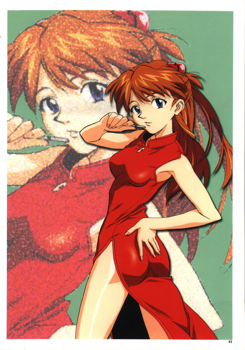 90s absurdres blue_eyes china_dress chinese_clothes dress highres long_hair mahjong neon_genesis_evangelion official_art pen red_dress red_hair scan solo souryuu_asuka_langley takamura_kazuhiro tenbou zoom_layer
