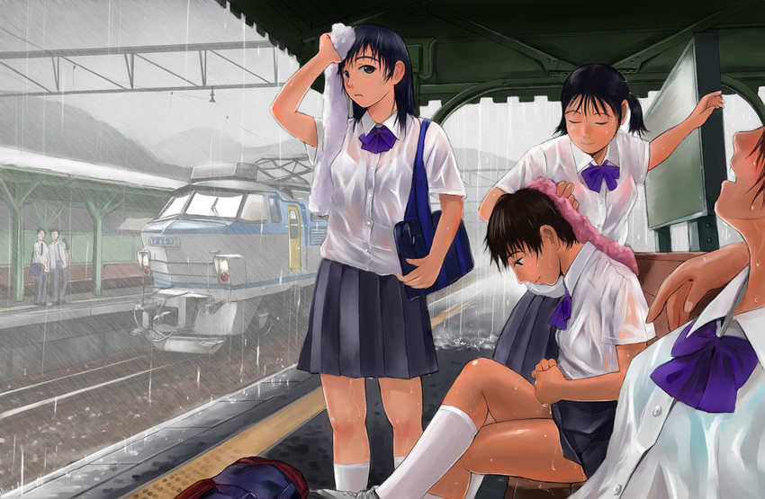 ground_vehicle locomotive mimura_kaoru multiple_girls original rain school_uniform see-through tactile_paving towel train train_station wet