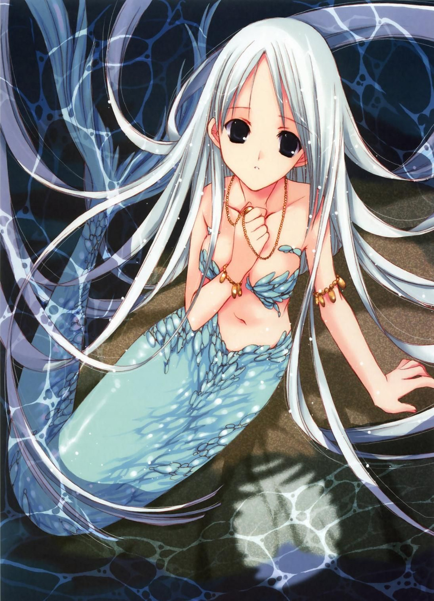 aquarian_age artbook highres jewelry long_hair mermaid monster_girl nanase_aoi necklace seven_colors_of_the_wind silver_hair solo water wet
