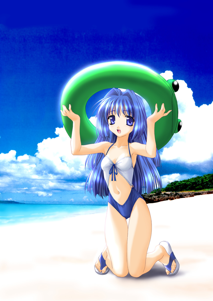 absurdres beach breasts casual_one-piece_swimsuit cleavage cloud day hair_intakes highres innertube kanon kneeling long_hair medium_breasts minase_nayuki navel norizou_type-r ocean one-piece_swimsuit outdoors photo_background sandals sky solo swimsuit thigh_gap water