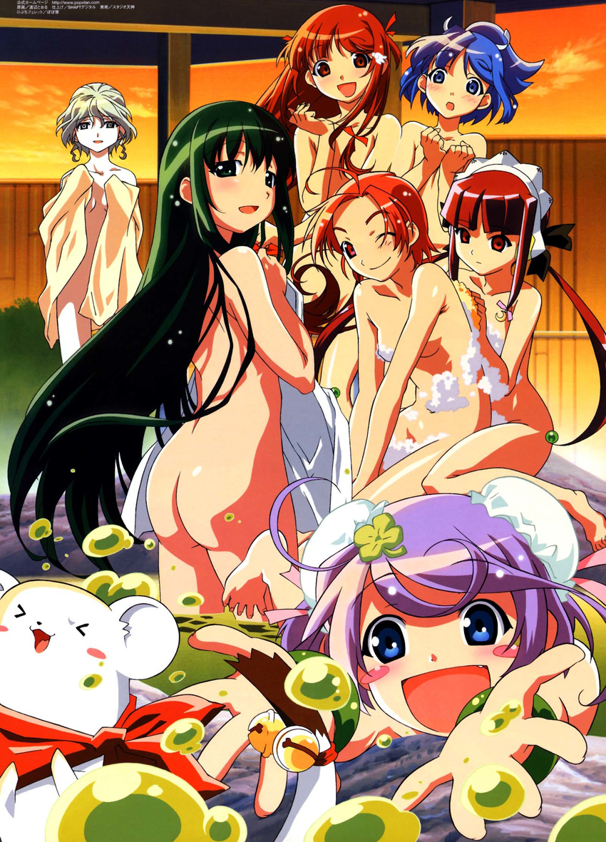 &gt;_&lt; ahoge ai_(popotan) animal_ears ass barefoot bath bell blue_eyes blue_hair blush bracelet brown_eyes brown_hair bun_cover censored closed_eyes convenient_censoring double_bun everyone fang ferret green_eyes green_hair grey_eyes hair_ornament highres jewelry konami_(popotan) long_hair mai_(popotan) mea megami mii_(popotan) multiple_girls nono_(popotan) nude one_eye_closed onsen open_towel pink_eyes pink_hair ponytail popotan purple_hair red_hair robot_ears shizuku_(popotan) short_hair soap splashing topless towel twintails unagi very_long_hair watanabe_akio white_hair