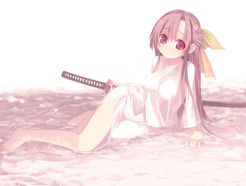 95-tan arm_support bangs bare_legs barefoot breasts brown_hair caustics closed_mouth crossed_legs dress_shirt eyebrows_visible_through_hair full_body hair_between_eyes hair_ribbon half_updo highres holding holding_sword holding_weapon japanese_clothes kashiwamochi_yomogi katana leaning_to_the_side lens_flare light_blush long_hair looking_at_viewer medium_breasts os-tan outdoors parted_bangs reclining red_eyes ribbon sheath sheathed shirt side_slit sidelocks sitting skirt solo sword sword_behind_back very_long_hair water weapon wet wet_clothes white_shirt white_skirt