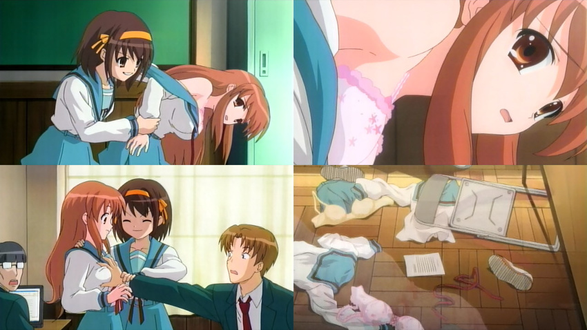 2girls asahina_mikuru bra breast_grab breasts brown_hair computer_club_president grabbing guided_breast_grab kita_high_school_uniform lingerie medium_breasts multiple_boys multiple_girls school_uniform screencap short_hair suzumiya_haruhi suzumiya_haruhi_no_yuuutsu underwear undressing