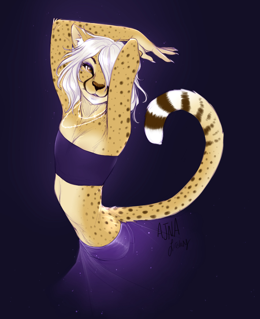 2019 ajna ambiguous_gender anthro brown_eyes brown_nose cheetah digital_media_(artwork) felid feline flat_chested girly hair hands_behind_head liche looking_at_viewer mammal midriff purple_background simple_background smile solo standing white_hair