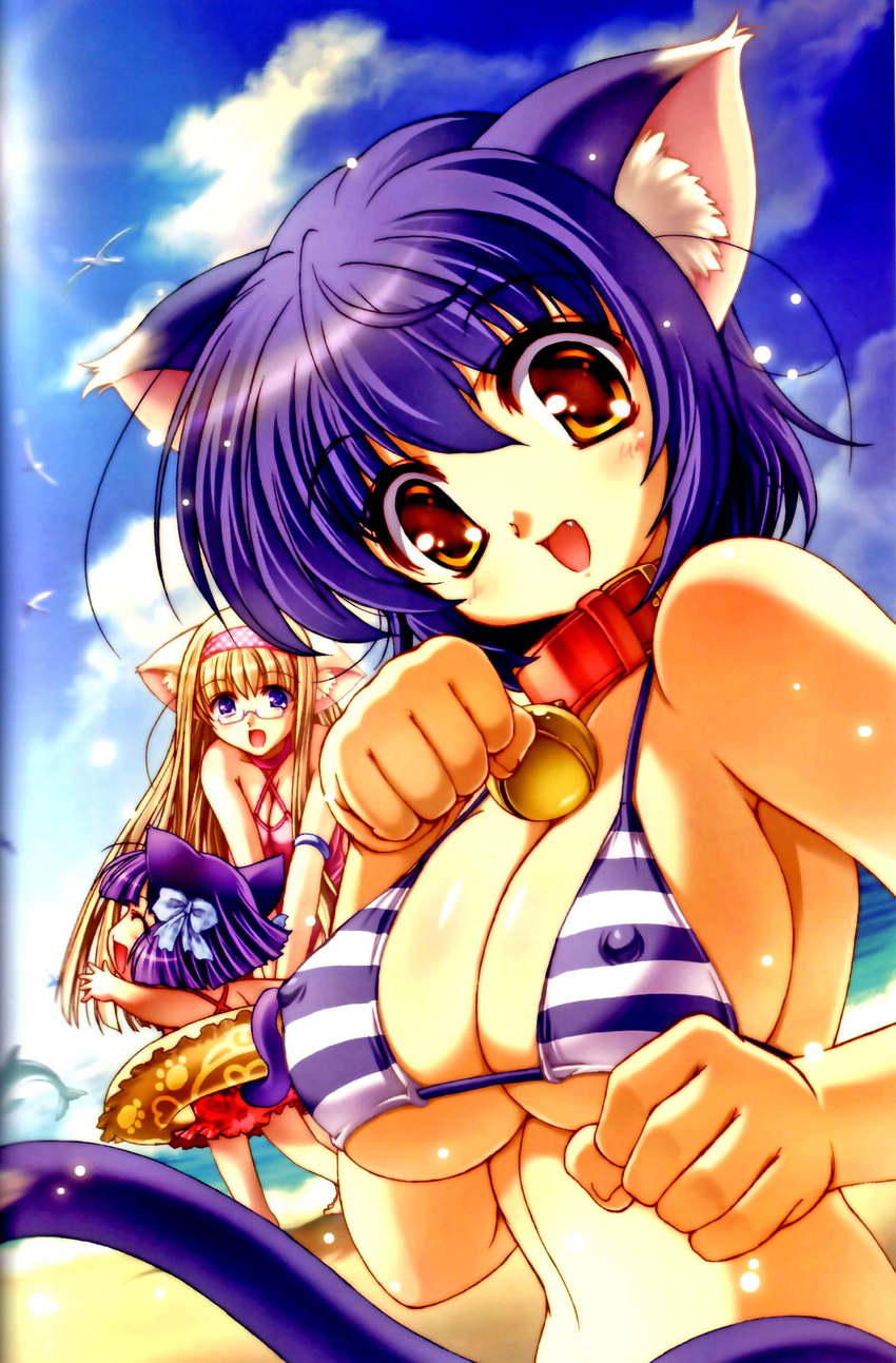 absurdres animal_ears beach bell bell_collar bikini blonde_hair blue_hair breasts casual_one-piece_swimsuit cat_ears chibi cleavage cloud collar copyright_request covered_nipples day dolphin fang glasses highres innertube ishida_hiroyuki jingle_bell large_breasts long_hair multiple_girls ocean one-piece_swimsuit outdoors purple_hair scan sky striped swimsuit tail underboob water
