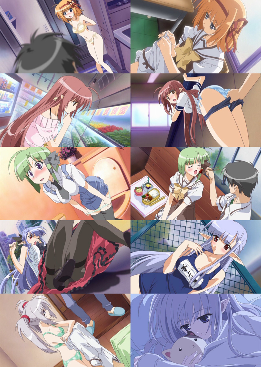 5girls :3 ahoge artist_request bathroom bench black_hair black_legwear blue_eyes blue_hair blush bow bra breasts brown_eyes buruma buruma_pull cat chain-link_fence chopsticks cleavage closed_eyes collage collarbone cowboy_shot desk door dutch_angle embarrassed feeding fence flower food from_behind fuyou_kaede green_bra green_hair green_panties grey_hair gym_uniform hair_ribbon highres holding indoors lingerie lisianthus long_hair looking_back lunchbox medium_breasts multiple_girls name_tag navel necktie nerine nose_blush one-piece_swimsuit one_eye_closed open_mouth orange_hair outdoors panties panty_pull pantyhose pointy_ears primula profile purple_eyes red_eyes red_hair ribbon rice school_desk school_swimsuit school_uniform screencap shigure_asa shirt shoes short_sleeves shuffle! sitting skirt slippers standing striped striped_panties stuffed_animal stuffed_toy suspenders swimsuit thighband_pantyhose toilet tomato tsuchimi_rin twintails underwear underwear_only undressing upper_body v_arms very_long_hair window wooden_floor yellow_bra yellow_panties
