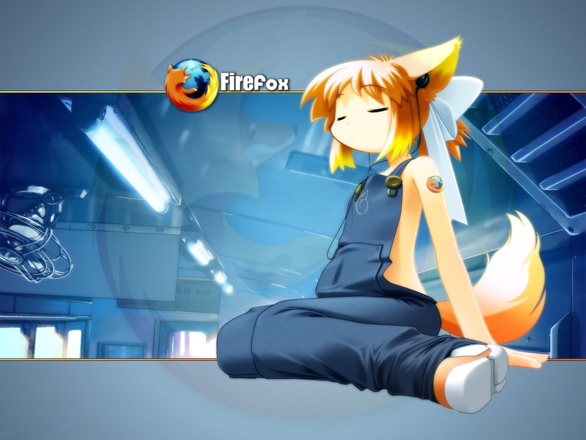 animal_ears arm_support bangs blonde_hair buttons child closed_eyes copyright_name earbuds earphones firefox flat_chest fox_ears fox_tail from_side kitsupon letterboxed lights lolifox naked_overalls official_art orange_hair os-tan overalls personification shoes sidelocks sitting sneakers solo tail tattoo wallpaper wariza