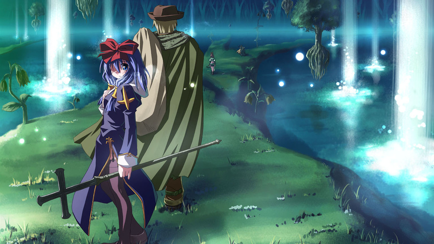 3girls blue_hair blush bow bow_(weapon) cape cloak cross floating forest garter_belt glowing grass habit hair_bow hair_over_one_eye hand_on_own_chest hat holding hunter_(ragnarok_online) knight knight_(ragnarok_online) latin_cross long_hair long_sleeves looking_back multiple_girls nature plant priest priest_(ragnarok_online) puffy_sleeves ragnarok_online sack shoes side_slit sidelocks staff thighhighs tree walking water waterfall weapon yuuki_tatsuya