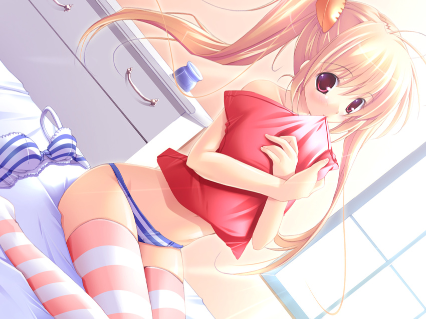 bangs blonde_hair blue_bra blue_panties bow bow_bra bra character_request copyright_request covering dutch_angle eyebrows_visible_through_hair highres indoors lingerie long_hair looking_at_viewer mikeou mouth_hold panties pink_legwear sitting solo source_request striped striped_bra striped_legwear striped_panties thighhighs topless twintails underwear underwear_only