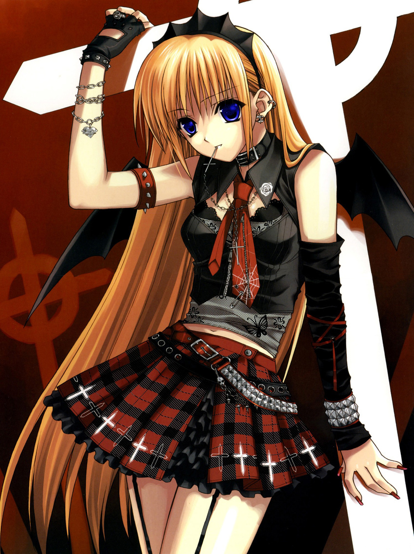 bat_wings blonde_hair blue_eyes collar copyright_request cross gothic highres latin_cross long_hair miniskirt mouth_hold nail_polish red_nails skirt solo suzuhira_hiro wings