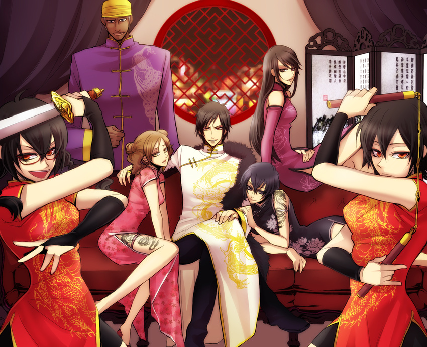 5girls bad_id bad_pixiv_id black_hair brown_eyes brown_hair china_dress chinese_clothes double_bun dress durarara!! highres kamichika_rio long_hair mikajima_saki mochiko_(japanism) multiple_boys multiple_girls nunchaku orihara_izaya orihara_kururi orihara_mairu red_eyes short_hair side_slit simon_brezhnev sword tattoo weapon yagiri_namie