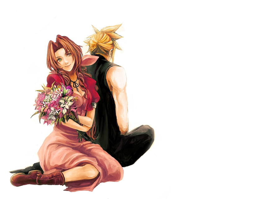 1girl aerith_gainsborough bad_id bad_pixiv_id blonde_hair boots bouquet bow brown_eyes brown_hair choker cloud_strife cropped_jacket dress final_fantasy final_fantasy_vii flower green_eyes hair_ribbon long_dress long_hair pink_bow pink_dress ponytail ribbon simple_background sitting tsuyomaru