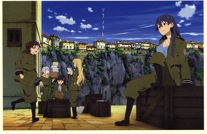 black_hair blonde_hair blue_hair boots box breasts brown_hair cleavage crate filicia_heideman grey_hair highres kannagi_noel kazumiya_rio long_hair military military_uniform multiple_girls official_art on_box scan short_hair sitting sitting_on_box sora_no_woto sorami_kanata suminoya_kureha uniform