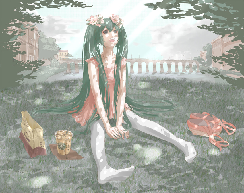 ant bridge bug day dress flower grass green_eyes green_hair hair_flower hair_ornament hatsune_miku insect inu_m legs long_hair open_mouth sitting sky solo starbucks thighhighs twintails very_long_hair vocaloid