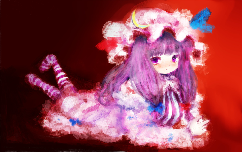 amii bad_id bad_pixiv_id hat lying on_stomach patchouli_knowledge solo striped striped_legwear thighhighs touhou