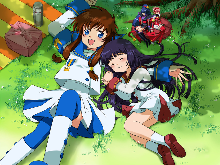 angelic_layer armor blue_eyes blush brown_hair closed_eyes doll elbow_gloves gloves grass highres hikaru_(angelic_layer) kobayashi_hatoko long_hair lying mirai_(mirai8) multiple_girls obentou open_mouth picnic pink_hair purple_hair school_uniform shade short_hair smile suzuhara_misaki suzuka_(angelic_layer) thermos thighhighs tree