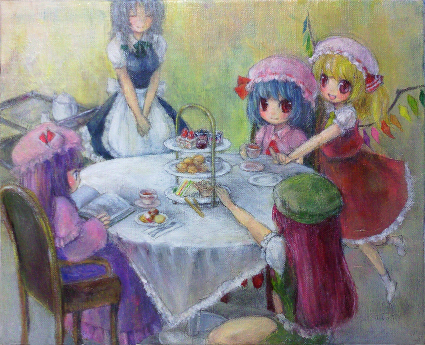 black_tea cake chair checkerboard_cookie cookie cup dessert flandre_scarlet food fork fruit hat highres hong_meiling izayoi_sakuya knife mob_cap moco._(artist) multiple_girls oil_painting_(medium) patchouli_knowledge plate remilia_scarlet sandwich sitting slice_of_cake standing strawberry strawberry_shortcake table tablecloth tea tea_party teacup tiered_tray touhou traditional_media tray