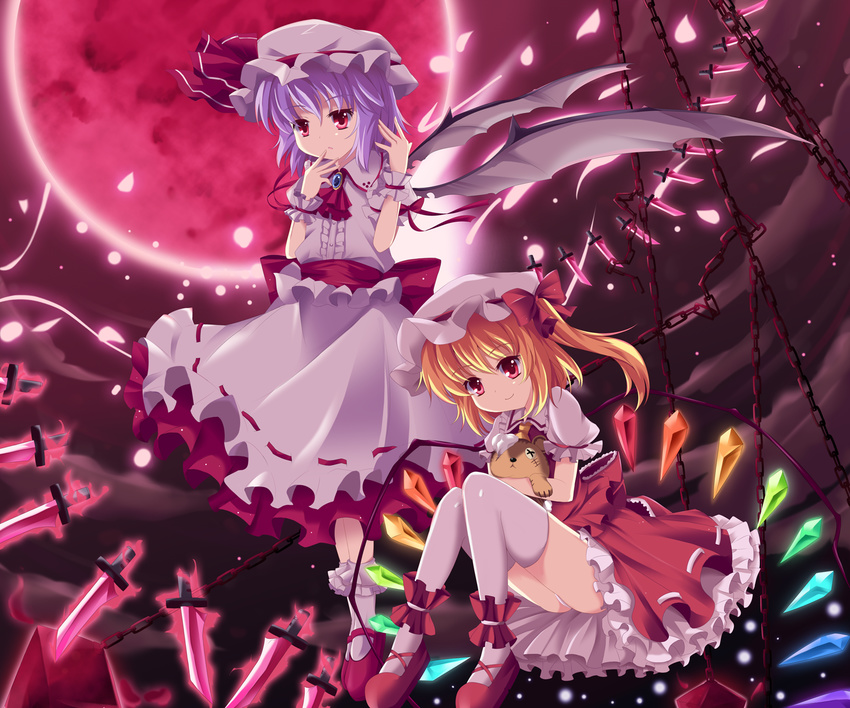 bad_id bad_pixiv_id bat_wings blonde_hair flandre_scarlet hat highres knife lavender_hair multiple_girls nibiiro_shizuka ponytail red_eyes remilia_scarlet short_hair siblings side_ponytail sisters stuffed_animal stuffed_toy thighhighs touhou white_legwear wings