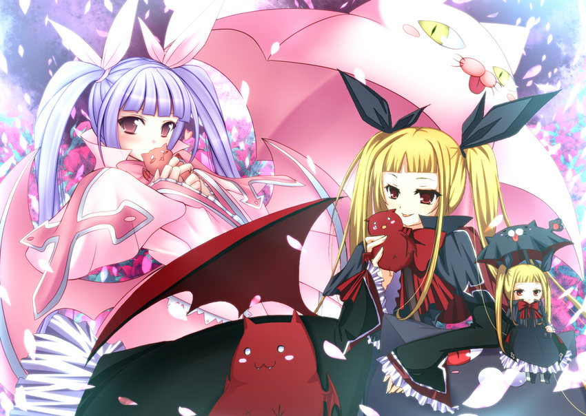 alternate_color animal_themed_umbrella artist_request bat_wings blazblue blonde_hair blush blush_stickers bow frills gii gothic_lolita lolita_fashion long_hair nago rachel_alucard red_bow red_eyes red_wings ribbon twintails wings