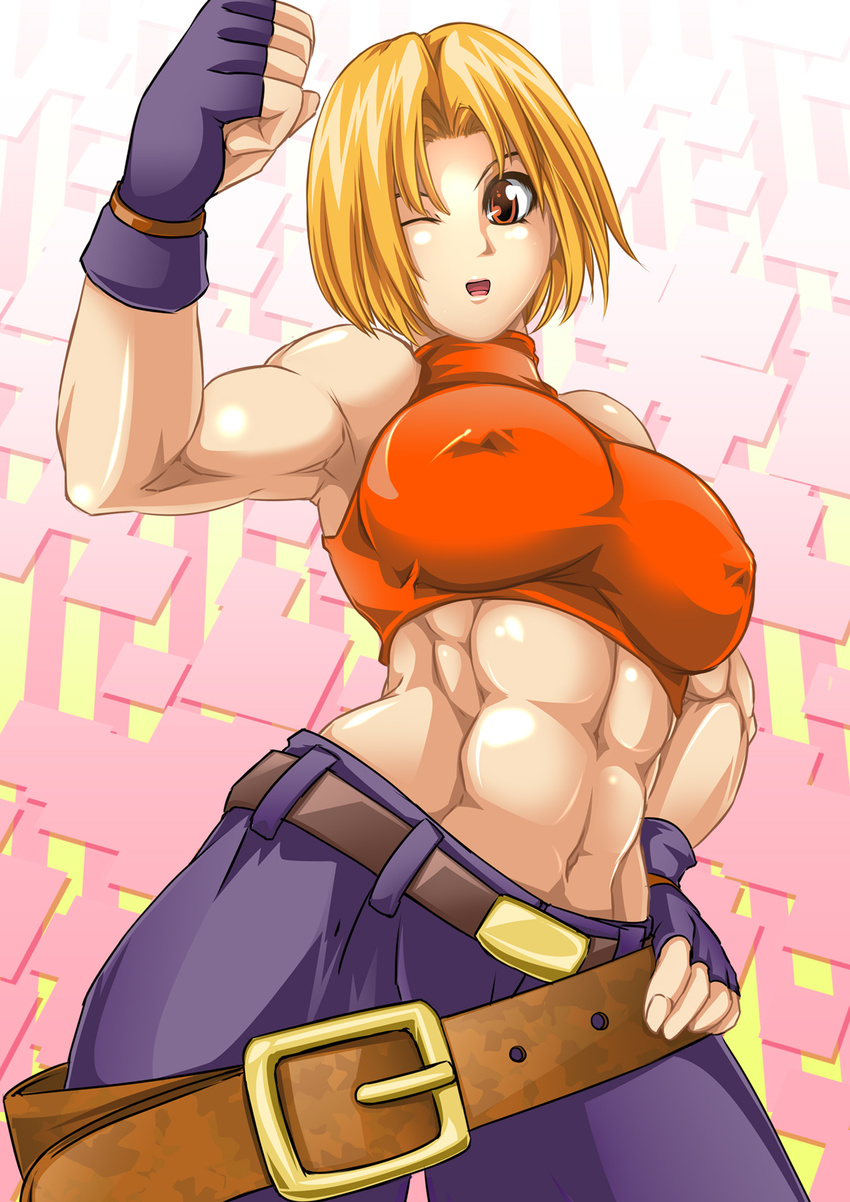 abs alop-net arm_up armpits bad_id bad_pixiv_id belt blonde_hair blue_mary breasts covered_nipples fatal_fury fingerless_gloves gloves halterneck hand_on_hip highres large_breasts loose_belt midriff muscle muscular_female navel one_eye_closed open_mouth red_eyes shirt short_hair sleeveless smile solo taut_clothes taut_shirt the_king_of_fighters