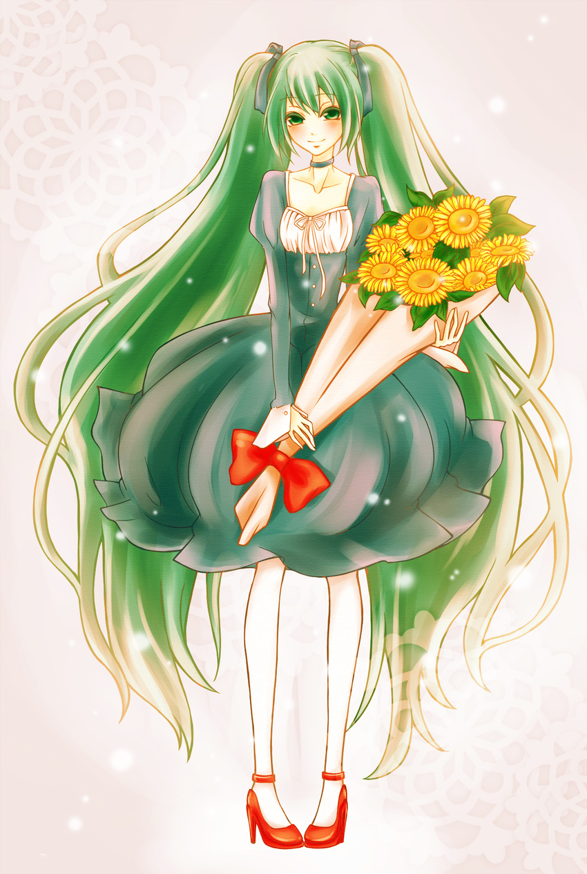 bouquet choker dress flower green_eyes green_hair hair_ribbon hatsune_miku high_heels highres long_hair pantyhose ribbon rineko shoes smile solo sunflower twintails very_long_hair vocaloid