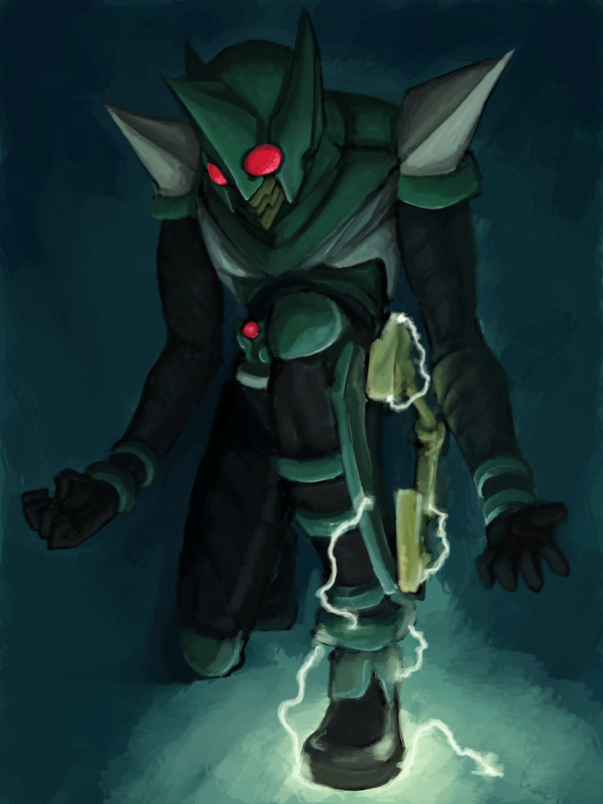 electricity green highres kamen_rider kamen_rider_kabuto_(series) kamen_rider_kick_hopper male_focus solo teku_(the3dempire)