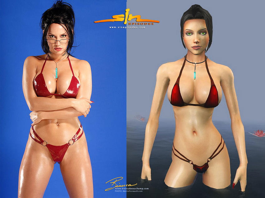 3d ass_visible_through_thighs bianca_beauchamp bikini black_hair breasts caucasian cleavage comparison cosplay elexis_sinclaire elexis_sinclaire_(cosplay) glasses jewelry large_breasts latex latex_bikini looking_at_viewer multi-strapped_bikini nail_polish necklace photo pornstar real_life red_bikini red_nails shiny shiny_clothes short_hair sin_(game) skin_tight standing swimsuit thong_bikini wading wig