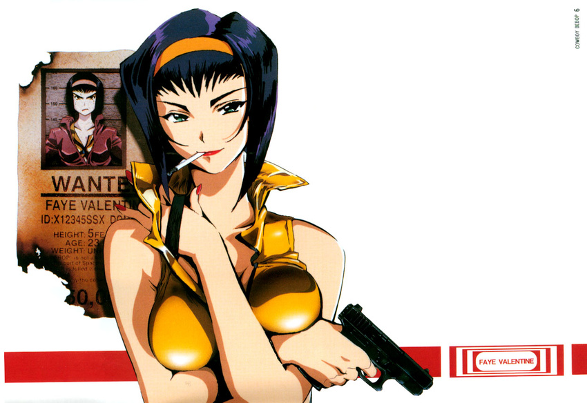 &gt;:( angry artist_request bangs bare_shoulders black_hair bob_cut breast_hold breasts character_name cigarette cleavage closed_mouth copyright_name cowboy_bebop crossed_arms damaged faye_valentine finger_on_trigger fingernails frown glock green_eyes gun hairband hand_on_own_shoulder hand_up handgun height_chart holding holding_gun holding_weapon jacket large_breasts lipstick long_fingernails looking_at_viewer makeup mouth_hold mugshot multiple_views naughty_face official_art page_number pistol poster_(object) red_lipstick scan shiny shiny_clothes short_hair smile smoking stats strap_lift sweat unaligned_breasts upper_body v-shaped_eyebrows wanted weapon white_background