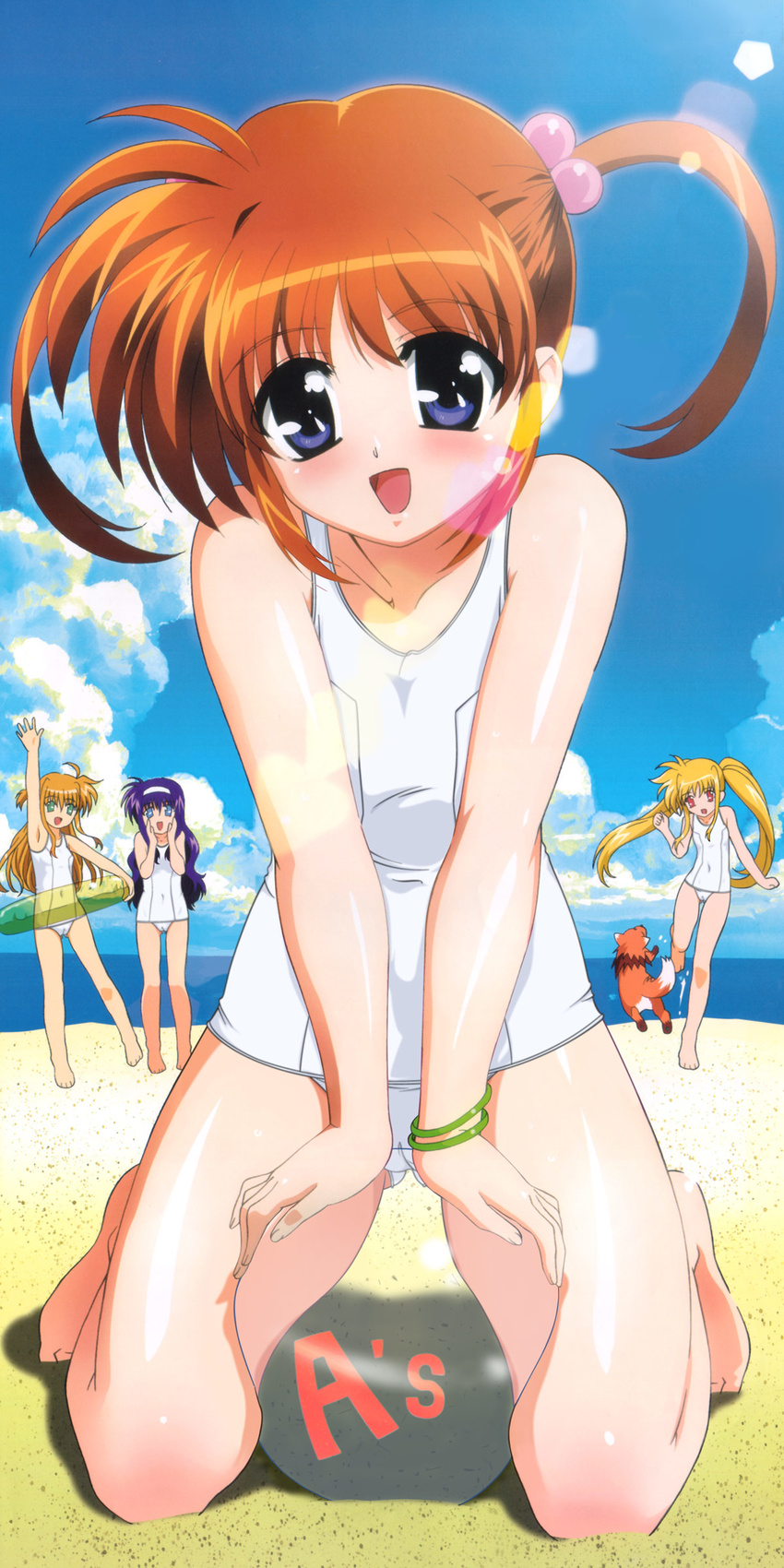 absurdres arf arisa_bannings ball beach beachball blonde_hair brown_hair cameltoe cloud day fate_testarossa ferret green_eyes highres innertube lyrical_nanoha mahou_shoujo_lyrical_nanoha mahou_shoujo_lyrical_nanoha_a's multiple_girls okuda_yasuhiro one-piece_swimsuit orange_hair outdoors purple_eyes red_eyes school_swimsuit sky solo_focus swimsuit takamachi_nanoha third-party_edit tsukimura_suzuka twintails white_school_swimsuit white_swimsuit yuuno_scrya