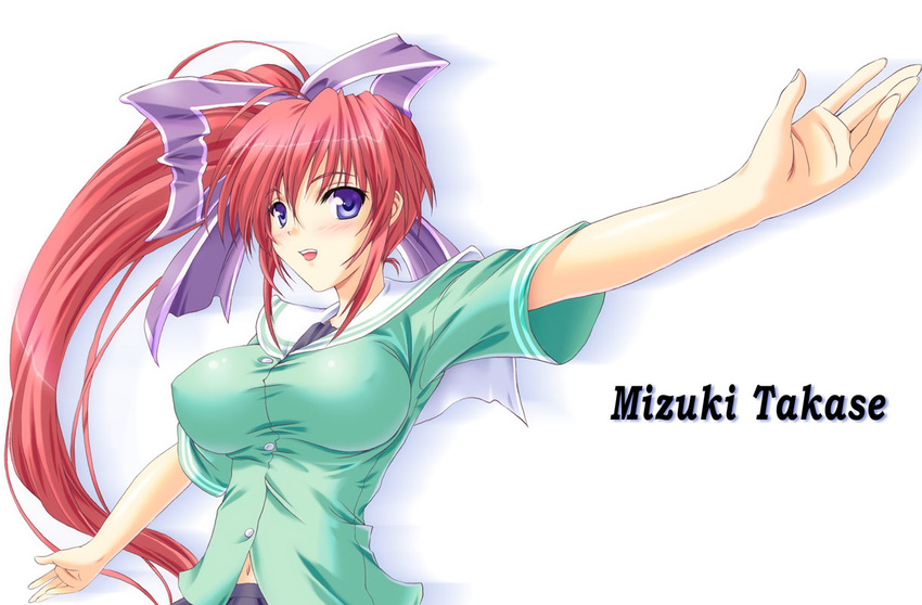 blush bow breasts comic_party covered_nipples foreshortening hair_bow hands impossible_clothes impossible_shirt kawase_seiki large_breasts long_hair navel open_mouth outstretched_arms pink_hair purple_eyes school_uniform shirt smile solo spread_arms takase_mizuki taut_clothes taut_shirt upper_body