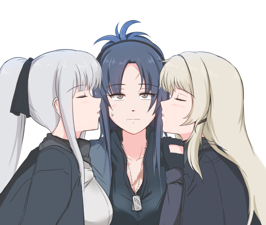 3girls ak-12_(girls_frontline) an-94_(girls_frontline) angelina_(girls_frontline) blue_hair closed_mouth eyebrows_visible_through_hair eyes_closed girls_frontline gloves grey_hair headband incoming_kiss multiple_girls selby silver_hair sweatdrop yuri