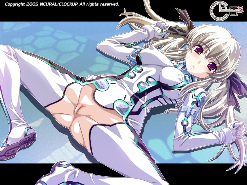 blush bodysuit breasts covered_nipples dyogrammaton hair_ribbon illuda_vaganova_ivanov large_breasts long_hair lying no_panties on_back open_mouth purple_eyes pussy ribbon shinozuka_atsuto skin_tight solo spread_legs third-party_edit twintails uncensored wallpaper white_hair