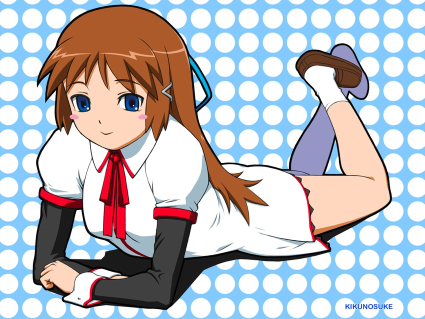 artist_name bangs blue_background blue_eyes blue_ribbon blush_stickers breasts brown_hair clenched_hand closed_mouth dress from_side hair_ornament hair_ribbon hairclip hiro_kikunosuke legs_up light_smile loafers long_hair long_sleeves looking_at_viewer lying neck_ribbon on_stomach polka_dot polka_dot_background puffy_sleeves red_ribbon ribbon routes school_uniform shadow shoes short_dress short_over_long_sleeves short_sleeves sleeve_cuffs small_breasts smile socks solo wallpaper white_dress white_legwear wing_collar yuasa_satsuki