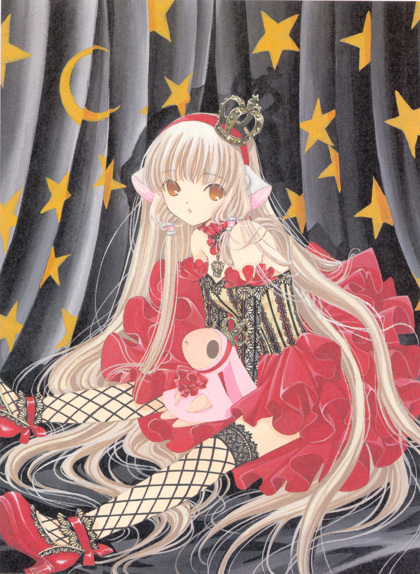 bare_shoulders black_legwear blonde_hair brown_eyes chii chobits choker clamp crescent crown curtains dress fishnet_legwear fishnets freya_(chobits) hair_tubes high_heels highres lace lace-trimmed_thighhighs layered_dress long_hair looking_at_viewer parted_lips red_footwear scan shoes sitting solo spoilers star star_print stuffed_animal stuffed_toy thighhighs very_long_hair