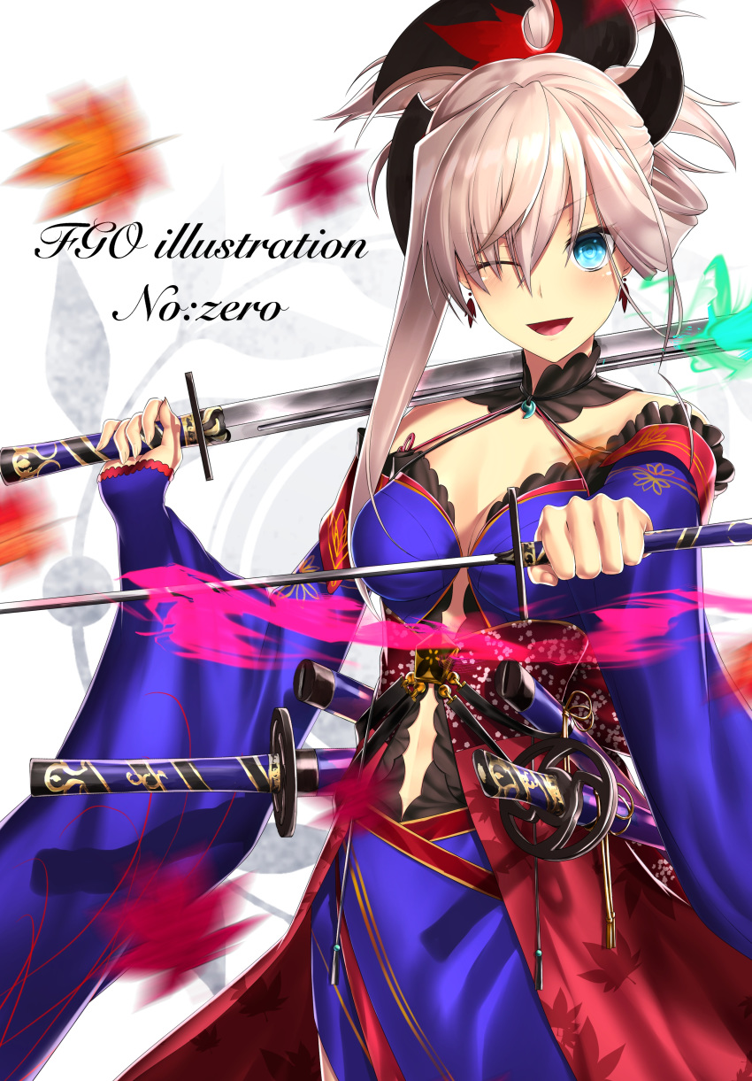 1girl ;d absurdres aono_meri blue_dress blue_eyes blue_sleeves breasts choker cleavage copyright_name detached_sleeves dress dual_wielding fate/grand_order fate_(series) hair_between_eyes highres holding holding_sword holding_weapon long_hair long_sleeves looking_at_viewer medium_breasts miyamoto_musashi_(fate/grand_order) navel navel_cutout one_eye_closed open_mouth silver_hair smile solo standing sword weapon wide_sleeves
