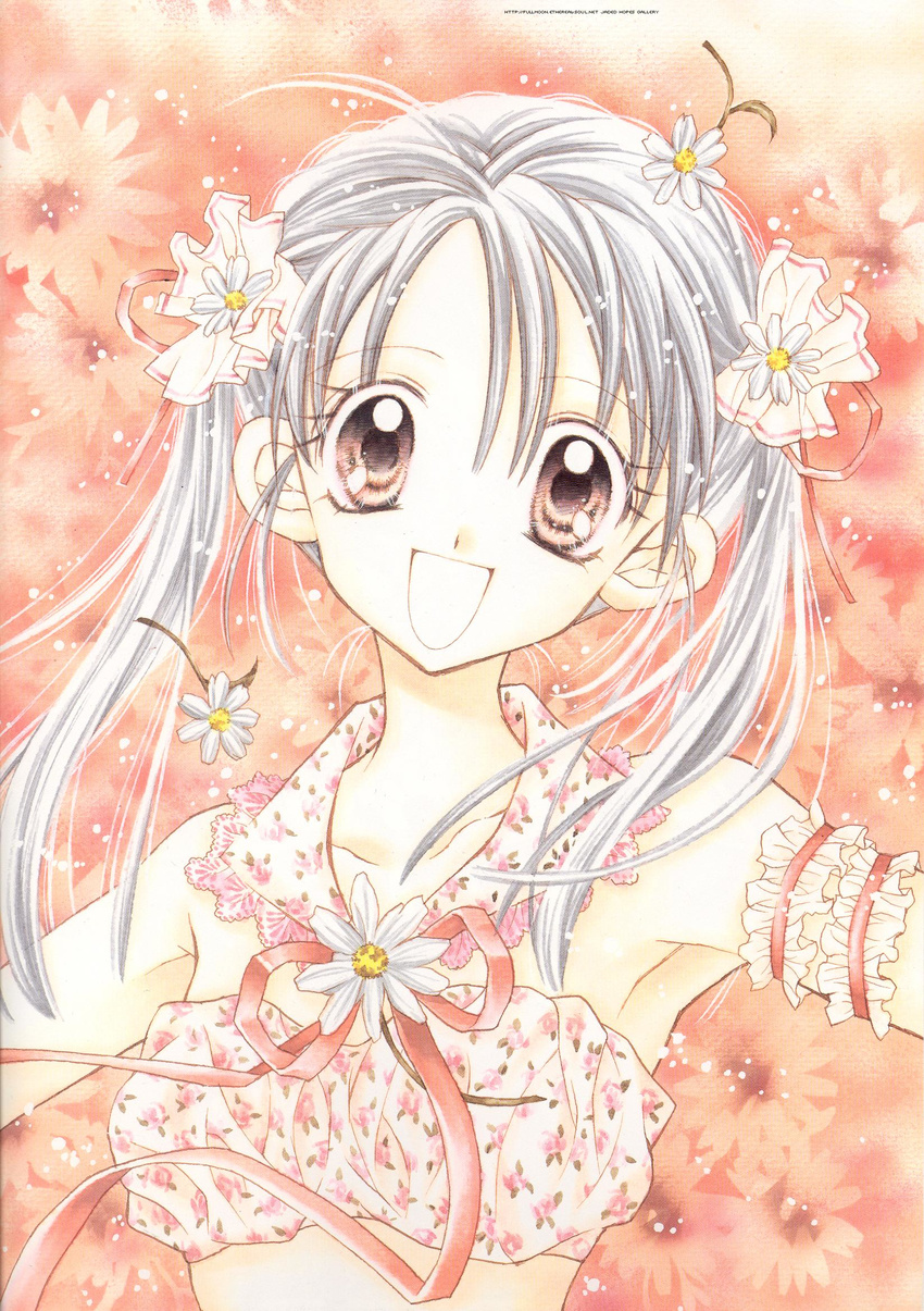 :d arm_garter brown_eyes crop_top daisy floral_print flower full_moon_wo_sagashite hair_flower hair_ornament highres kouyama_mitsuki lace long_hair looking_at_viewer official_art open_mouth ribbon silver_hair smile solo tanemura_arina traditional_media twintails upper_body