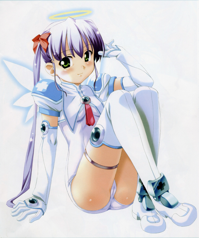 absurdres adjusting_hair angel angel_wings arm_support arm_up armor ass bangs blue_hair blush boots breasts brooch cameltoe crossed_legs djibril_aries elbow_gloves full_body gem gloves glowing glowing_wings green_eyes hair_ribbon halo high_heels highres jewelry jinno_hikari kuuchuu_yousai light_smile long_hair looking_at_viewer magical_girl makai_tenshi_djibril makai_tenshi_djibril_2 mini_wings necktie official_art pinky_out puffy_short_sleeves puffy_sleeves red_cross ribbon sailor_collar scan school_swimsuit shin_guards short_sleeves shoulder_pads sidelocks simple_background sitting small_breasts smile solo swimsuit swimsuit_costume thigh_boots thighhighs thighlet twintails very_long_hair white_background white_gloves white_legwear white_school_swimsuit white_swimsuit wings