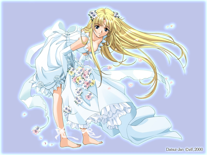 barefoot bent_over blonde_hair blue_eyes breasts bride cleavage dress flower highres long_hair rin-sin sharon_(words_worth) small_breasts solo very_long_hair wallpaper wedding_dress wind words_worth